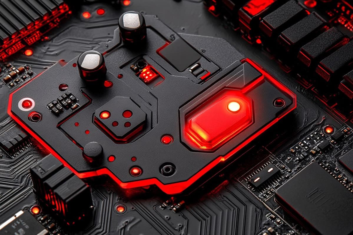 A close-up of an illuminated circuit board, representing the hardware Techno Hub supplies and supports