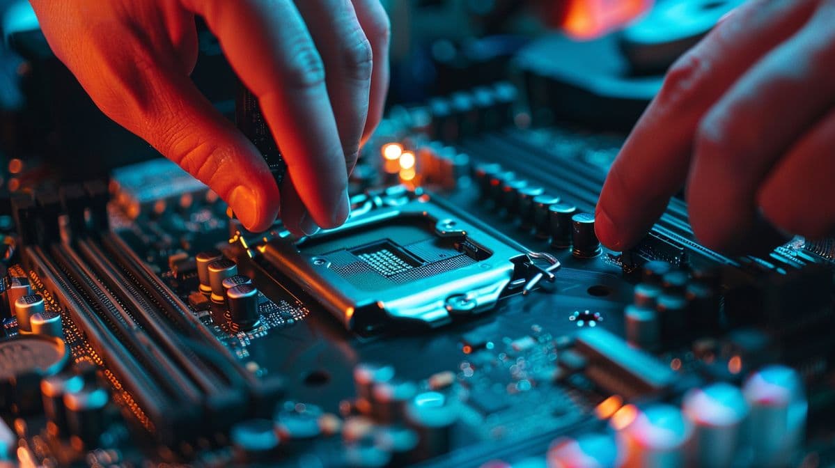 A technician installing a processor onto a motherboard, part of the technical support Techno Hub provides