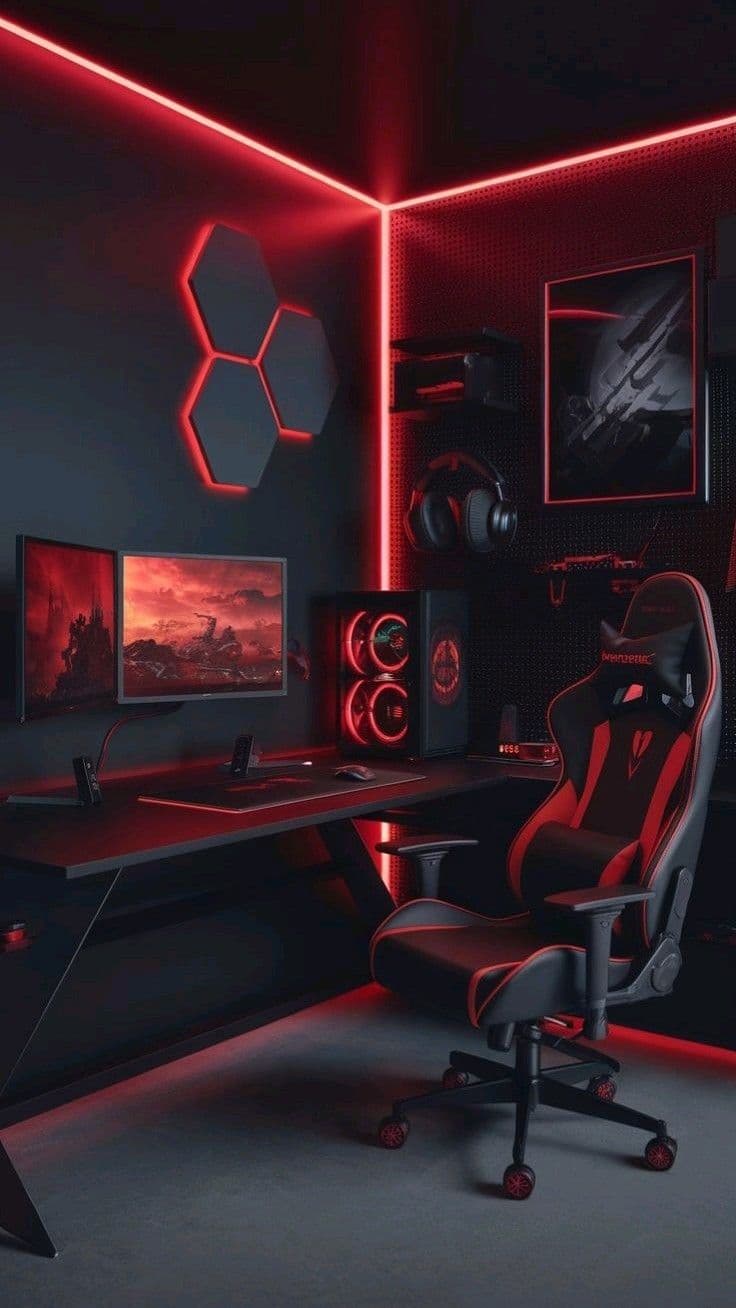 A red-lit gaming setup with a desk, monitors and gaming chair, reflecting the technology Techno Hub supports